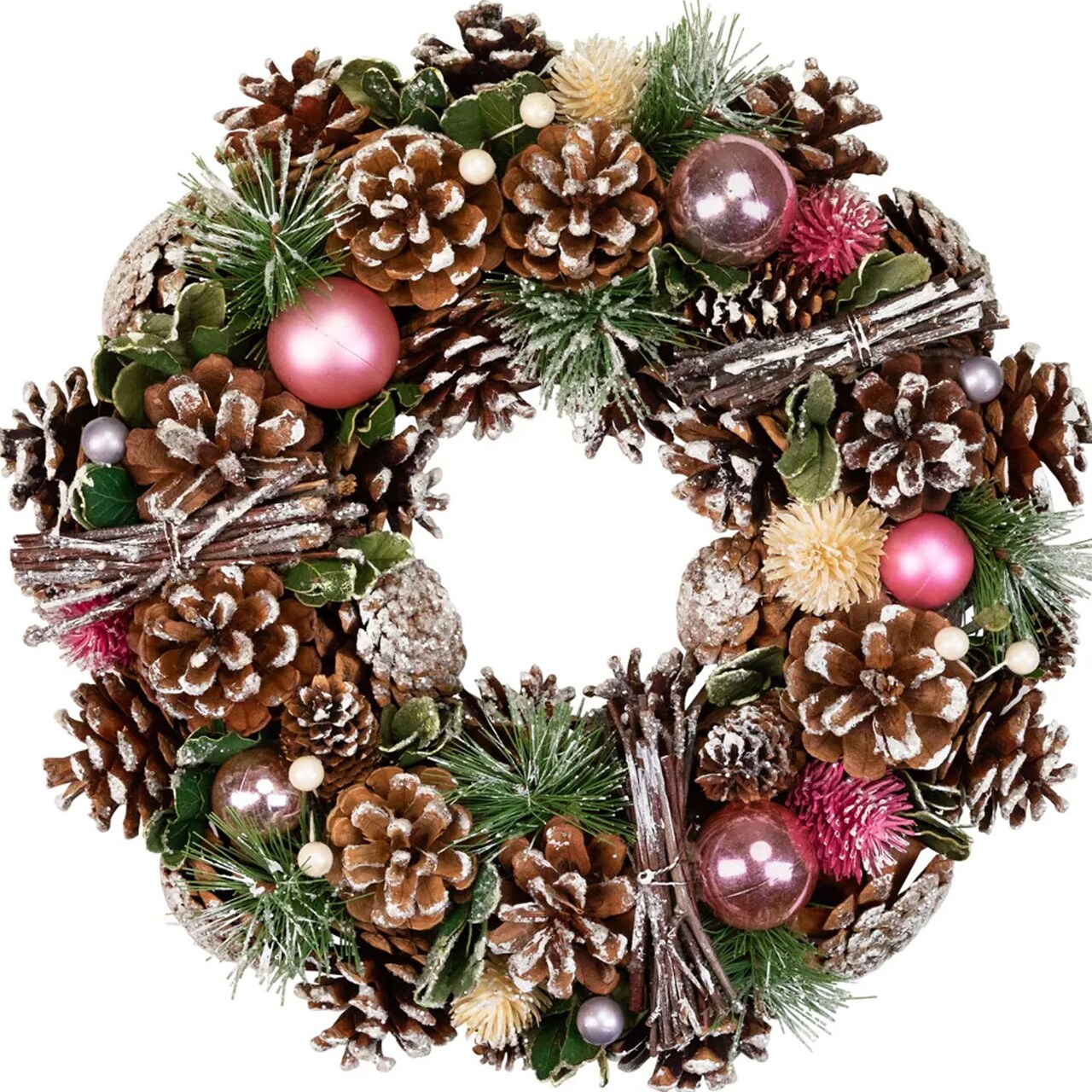13.5" Frosted Christmas Wreath with Pinecones Twigs and Thistle Unlit